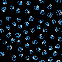 Line House with check mark icon isolated seamless pattern on black background. Real estate agency or cottage town elite class. Vector