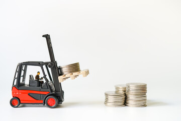 Money and Business Financial Concept Money Loading delivering on Forklift Truck, Money stack pile of coins, collecting, saving background