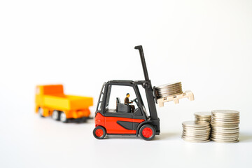 Money and Business Financial Concept Money Loading delivering on Forklift Truck, Money stack pile of coins, collecting, saving background