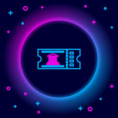 Glowing neon line Museum ticket icon isolated on black background. History museum ticket coupon event admit exhibition excursion. Colorful outline concept. Vector