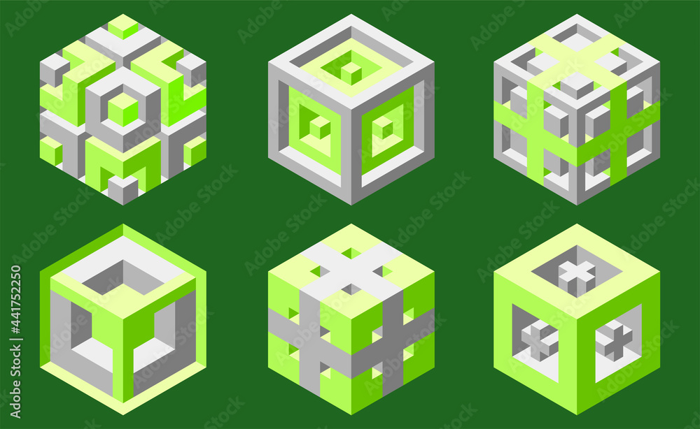 Aufkleber set of illusory cubes made of blocks. the isometric cube turns in different angles. math objects wit