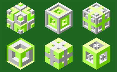 Set of illusory cubes made of blocks. The isometric cube turns in different angles. Math objects with mental tricks. Brain optical illusion. Symbol with three-dimensional effect.