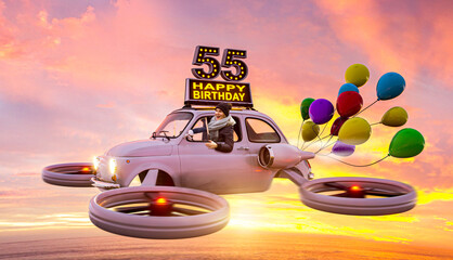 55 Jahre – Geburtstagskarte mit fliegendem Auto