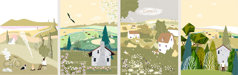 Landscape. Set of cute vector illustrations with nature, houses, beautiful landscapes for print, postcards, posters, banners, designs, backgrounds.