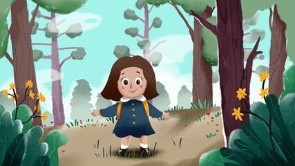 cute little girl in the forest. illustration 