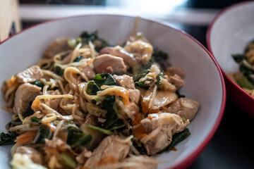 A close up of chicken stir fry with crispy vegetables and egg noodles in a bowl. Selective focus, shallow depth of field and bokeh