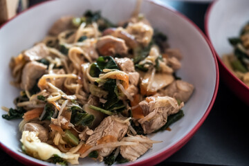 A close up of chicken stir fry with crispy vegetables and egg noodles in a bowl. Selective focus, shallow depth of field and bokeh