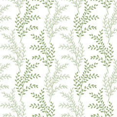 Green leaves branches drawing seamless pattern. Botanical spring leafy ornament isolated