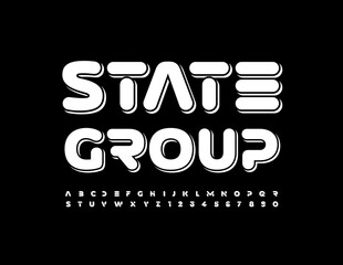 Vector business sign State Group. White minimalistic Font. Futuristic Alphabet Letters and Numbers set