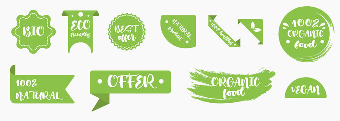 Best vector Set bio, vegan, ecology, organic logos and badges, label, tag. Vector illustration design. Eco bio and organic food label. Vegan product element green labels or sticker. Ecology food label