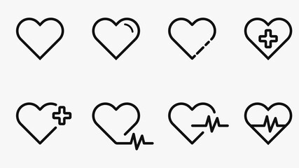 Heart vector icons. Set of heartbeat icon on isolated white background. Symbol cardiogram heart logo in linear style. Vector illustration