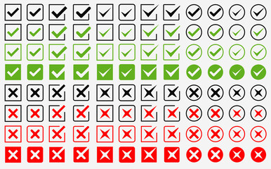 Vector black confirm icons set. Large set of flat buttons: green check marks and red crosses. Circle and square, hard and rounded corners.