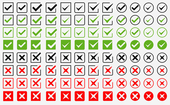 Vector black confirm icons set. Large set of flat buttons: green check marks and red crosses. Circle and square, hard and rounded corners.