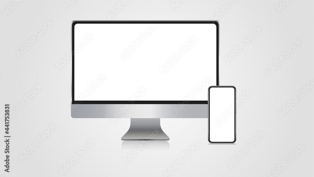 Wall mural realistic set of monitor, smartphone. 3d devise mockup set vector. realistic screen layout