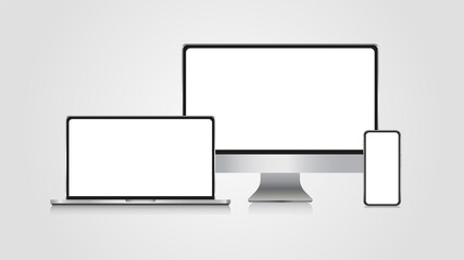 Realistic set of monitor, laptop, smartphone. 3d devise mockup set vector. Realistic screen layout