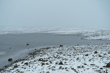 Iceland travel. Snow icelandic landscape at day