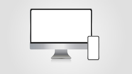 Realistic set of monitor,  smartphone. 3d devise mockup set vector. Realistic screen layout