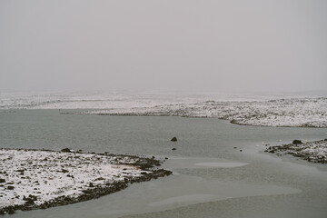 Iceland travel. Snow icelandic landscape at day