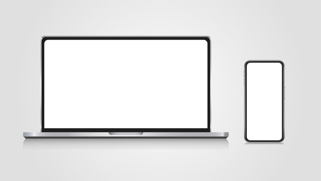 Realistic set of monitor, laptop, smartphone. 3d devise mockup set vector. Realistic screen layout