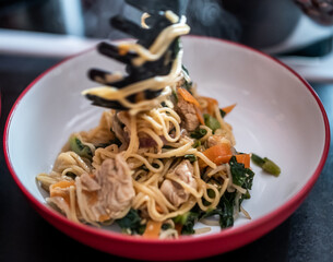 Plating up and serving a portion of home cooked chicken stir fry, Asian vegetables and egg noodles in a bowl. Selective focus, shallow depth of field and bokeh