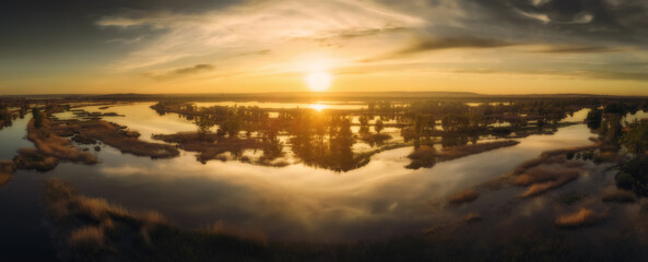 Panoramic aerial landscape nature view. Golden sunset on the river