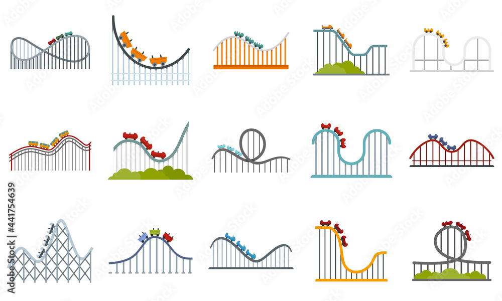 Wall mural Roller coaster icons set flat vector isolated