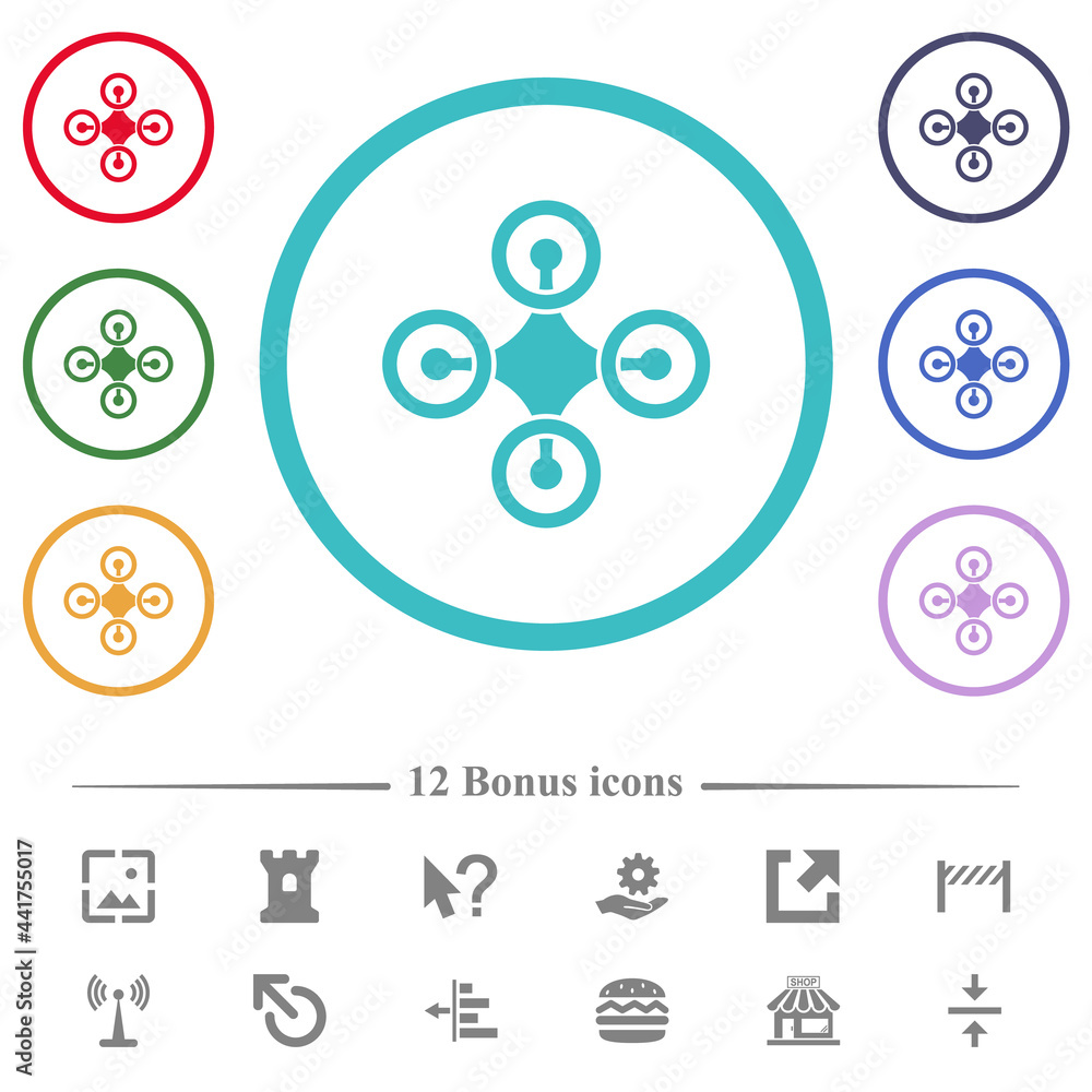 Poster drone top view solid flat color icons in circle shape outlines