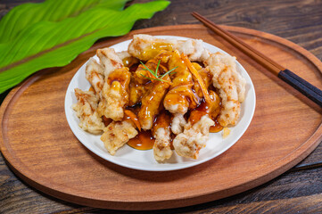 pork in sticky rice batter with sweet and sour sauce, Korean food 'chapssal tangsuyuk'