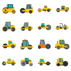 Road roller icons set flat vector isolated