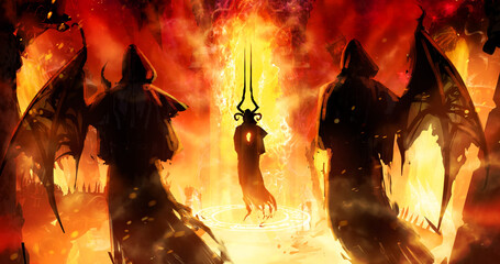 The horned ghost of the lord is accompanied to the infernal portal, flanked by two of his followers symbolizing the right and left black wings, they humbly follow him dressed in black robes with hoods © warmtail