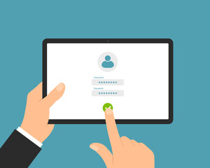 Flat design illustration of a manager's hand holding a tablet. Enter username and password on the login screen, vector