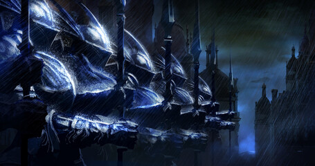 A company of elite knights with spears stands in the middle of a dark night square in the pouring rain, they are disciplined in front, their silver armor glitters in the lightning of a thunderstorm. 