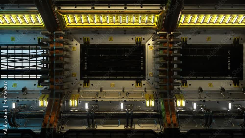 Aufkleber flying into spaceship tunnel, sci-fi spaceship corridor. futuristic technology for technical titles 