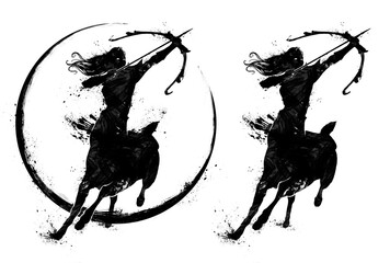 A black blob silhouette of a beautiful centaur half-deer half-human woman with long hair, she runs forward in an epic pose aiming her bow ready to shoot. 2d illustration - obrazy, fototapety, plakaty