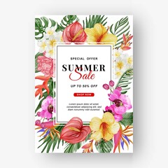 summer sale banner with greenery tropical leaf and flower watercolor - obrazy, fototapety, plakaty