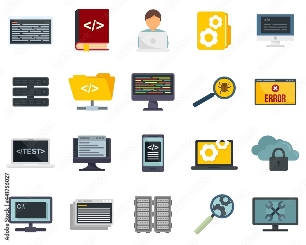 Poster testing software icons set flat vector isolated