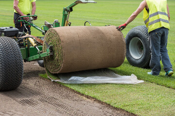 Workers laying grass in a roll on a football field at the stadium.