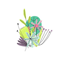 Funny colorful flowers leaves and berries compounded in the bouquet. Vector illustration