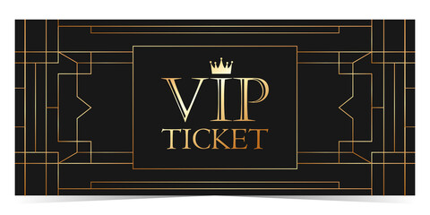 Stub black VIP admission ticket template with golden glittering VIP sign.
 - obrazy, fototapety, plakaty