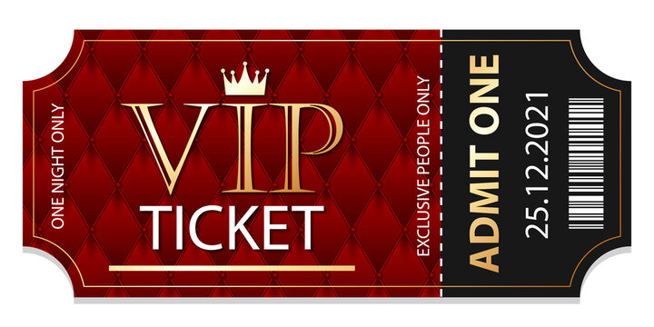 Stub black and red VIP admission ticket template with golden glittering VIP sign.
