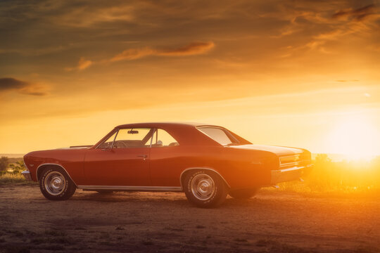 Engels, Russia - May 26, 2021: Retro red muscle car Chevrolet Malibu Chevelle SS is parked on countryside road at golden sunset