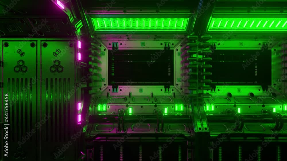 Aufkleber flying into spaceship tunnel, sci-fi spaceship corridor. futuristic technology for technical titles 