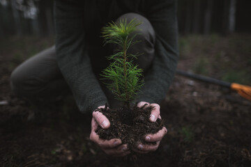 Close up on a beautiful young green pine seedling holding in a man's hand on a dark background in...