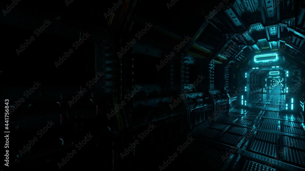 Aufkleber flying into spaceship tunnel, sci-fi spaceship corridor. futuristic technology for technical titles 