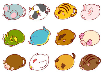 Fototapeta premium Set of cute and round simple zodiac animals outlined