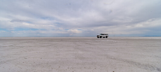 Truck on Bonneville Salt Flats in Western Utah.