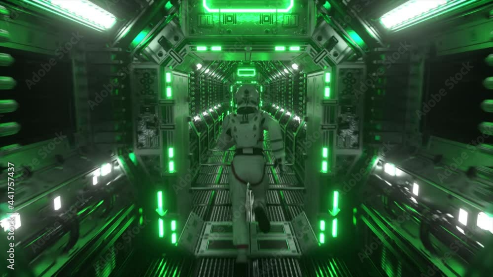 Poster astronaut runs through a tunnel to another compartment of the space gate. spaceship and technology c