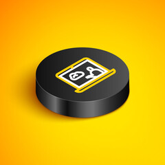 Isometric line Weather forecast icon isolated on yellow background. Black circle button. Vector
