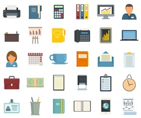 Office manager icons set flat vector isolated
