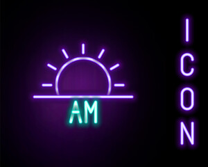 Glowing neon line Sunrise icon isolated on black background. Colorful outline concept. Vector